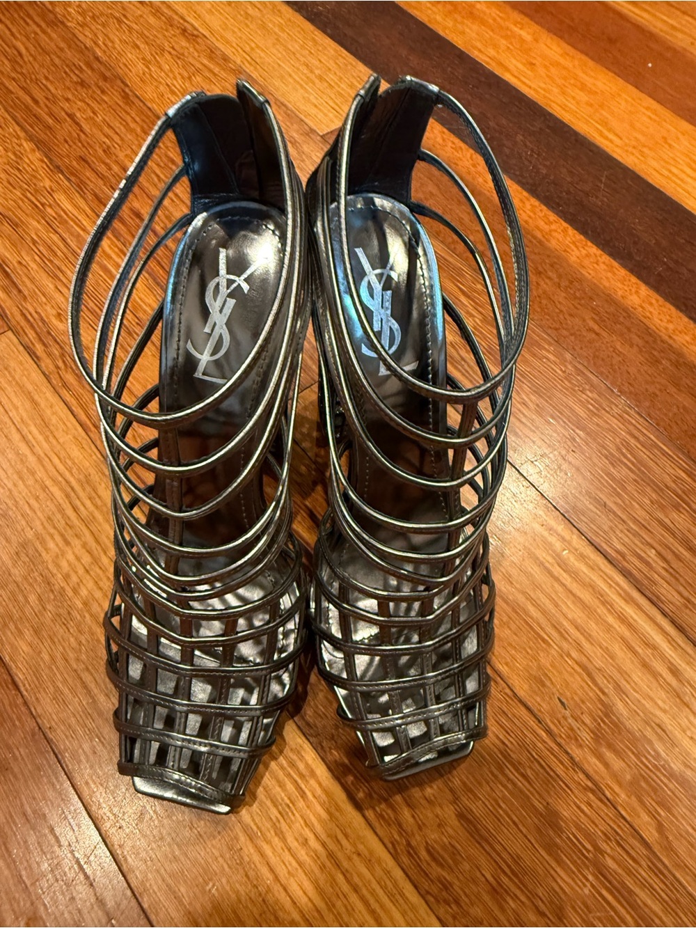 Yves Saint Laurent Black Cage Block Heel Sandals - Picture 9 of 13